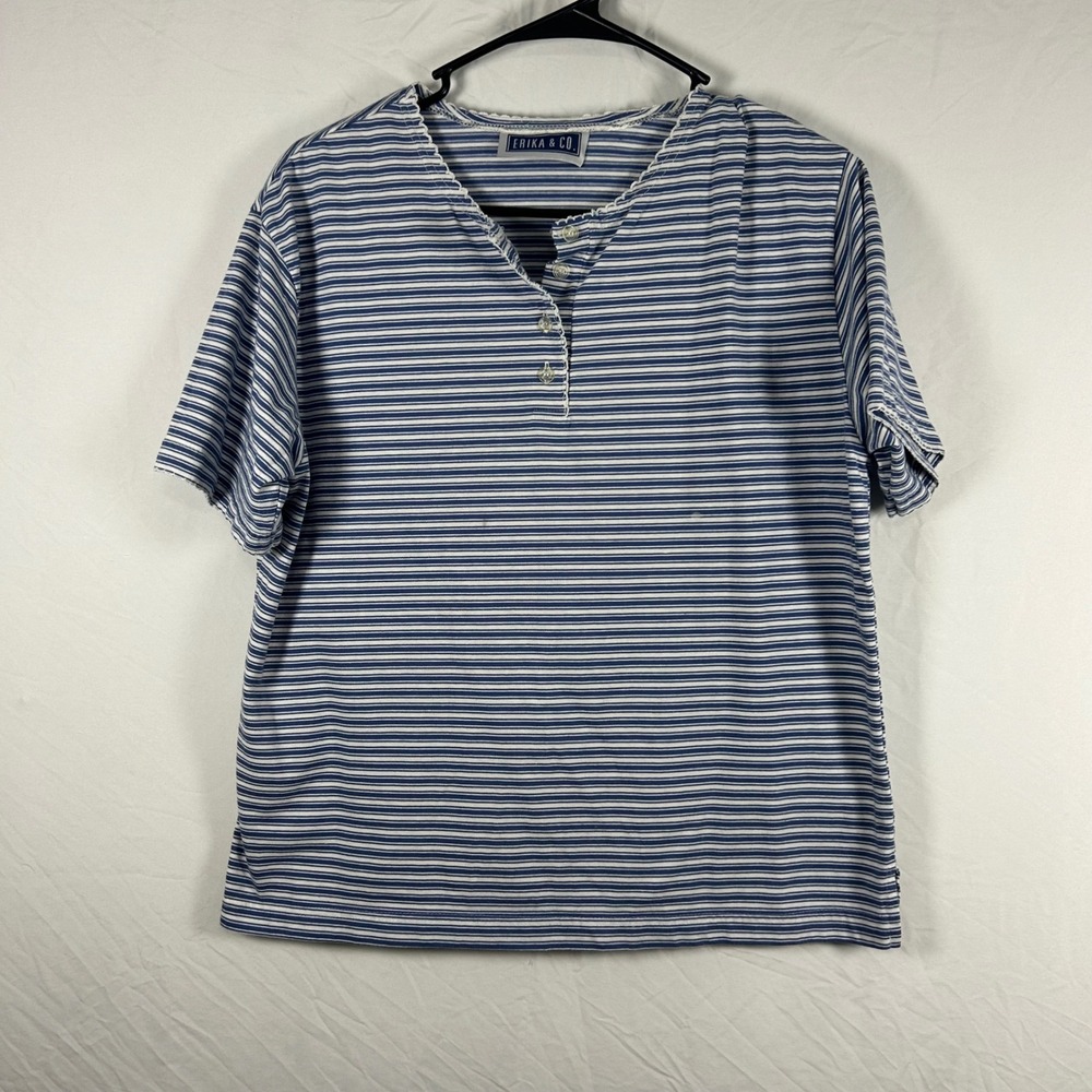 Erika & Co Striped Henley Shirt Women Medium Blue White Lettuce Trim